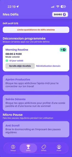 Écran Mes Défis de l'appli ScrollOff
